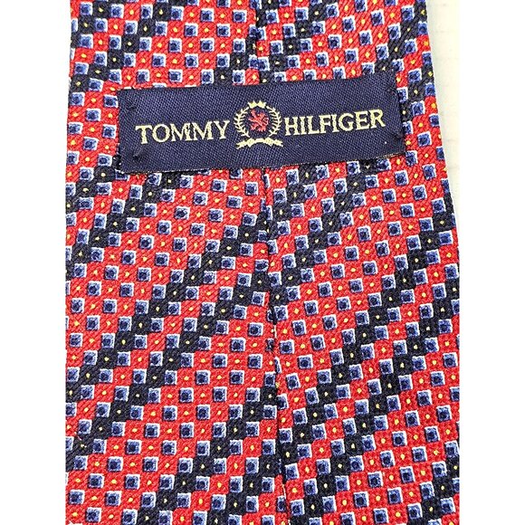 Vtg Tommy Hilfiger Red & Yellow Repp Geometric Silk Tie For Men - Picture 4 of 6